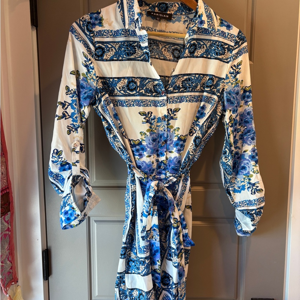 Parisian Works White and Blue Floral Long Sleeve Dress